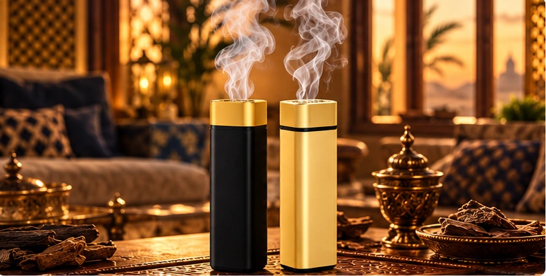 مبخرة بخّور الذهبية والسوداء على طاولة في مجلس