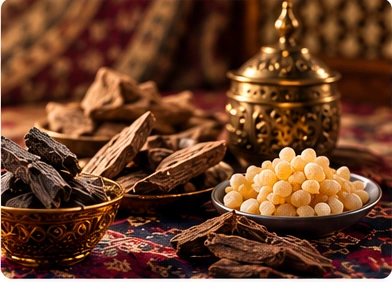 قطع عود ولبان ومبخرة نحاسية